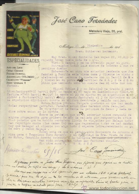 Gesch&auml;ftsbriefe: CARTA COMERCIAL DE JOS&Eacute; CANO FERN&Aacute;NDEZ. AN&Iacute;S DEL LE&Oacute;N. CO&Ntilde;AC G&Eacute;NESIS. PONCHE ORIENTAL. M&Aacute;LAGA. 1925