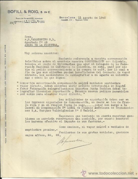 Gesch&auml;ftsbriefe: CARTA COMERCIAL DE BOFILL & ROIG. S EN C. BARCELONA. 1945