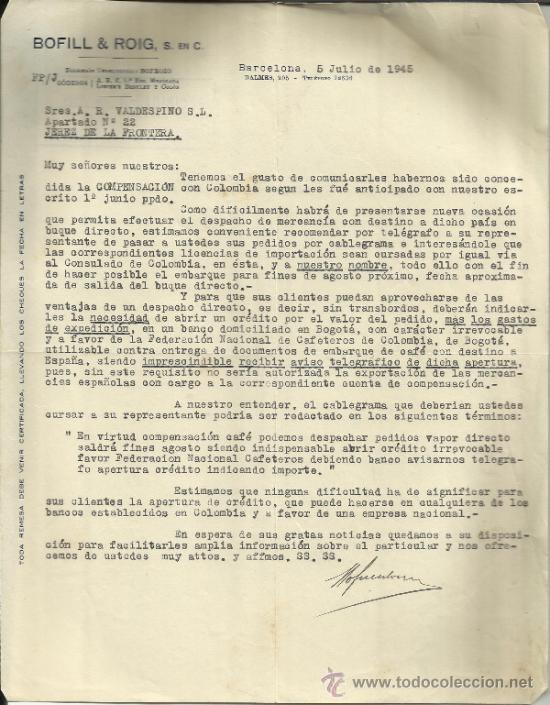 Gesch&auml;ftsbriefe: CARTA COMERCIAL DE BOFILL & ROIG. S EN C. BARCELONA. 1945