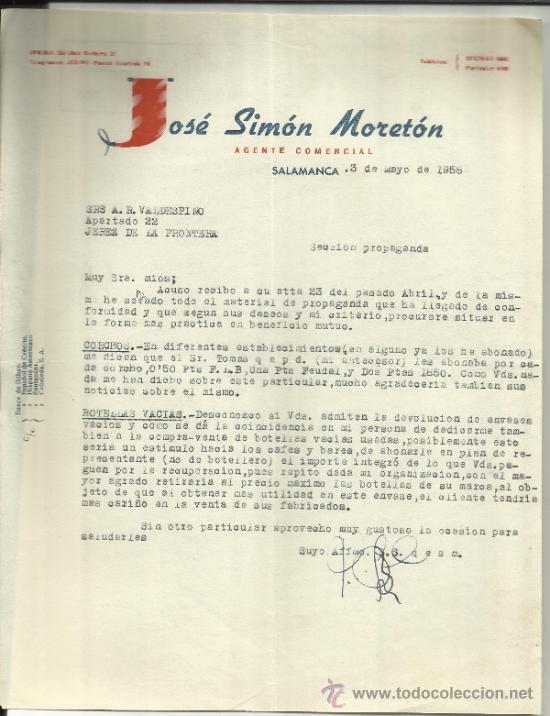 Gesch&auml;ftsbriefe: CARTA COMERCIAL DE JOS&Eacute; SIM&Oacute;N MORET&Oacute;N. AGENTE COMERCIAL. SALAMANCA. 1958