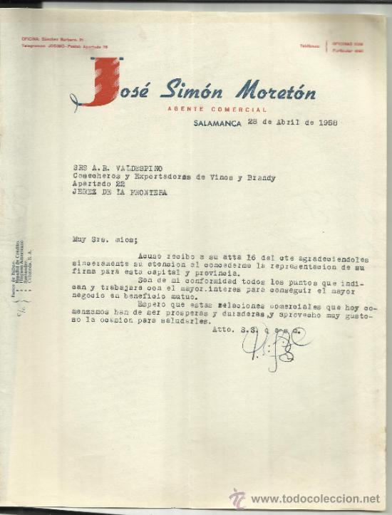 Gesch&auml;ftsbriefe: CARTA COMERCIAL DE JOS&Eacute; SIM&Oacute;N MORET&Oacute;N. AGENTE COMERCIAL. SALAMANCA. 1958