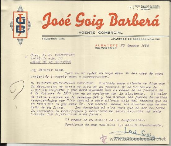 Gesch&auml;ftsbriefe: CARTA COMERCIAL DE JOS&Eacute; GOIG BARBER&Aacute;. AGENTE COMERCIAL. ALBACETE. 1958