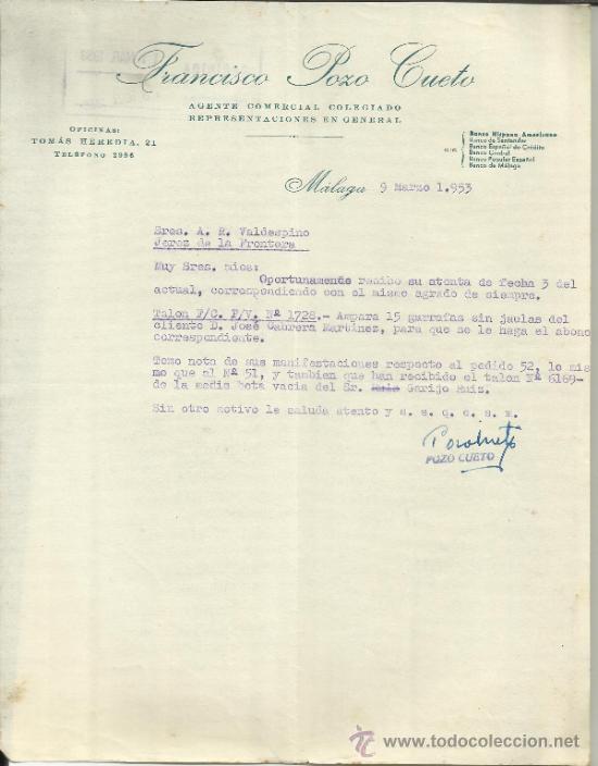 Gesch&auml;ftsbriefe: CARTA COMERCIAL DE FRANCISCO POZO CUETO. AGENTE COMERCIAL COLEGIADO. M&Aacute;LAGA. 1953