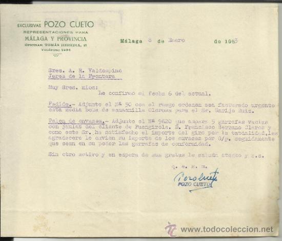 Gesch&auml;ftsbriefe: CARTA COMERCIAL DE EXCLUSIVAS POZO CUETO. REPRESENTACIONES. M&Aacute;LAGA. 1953