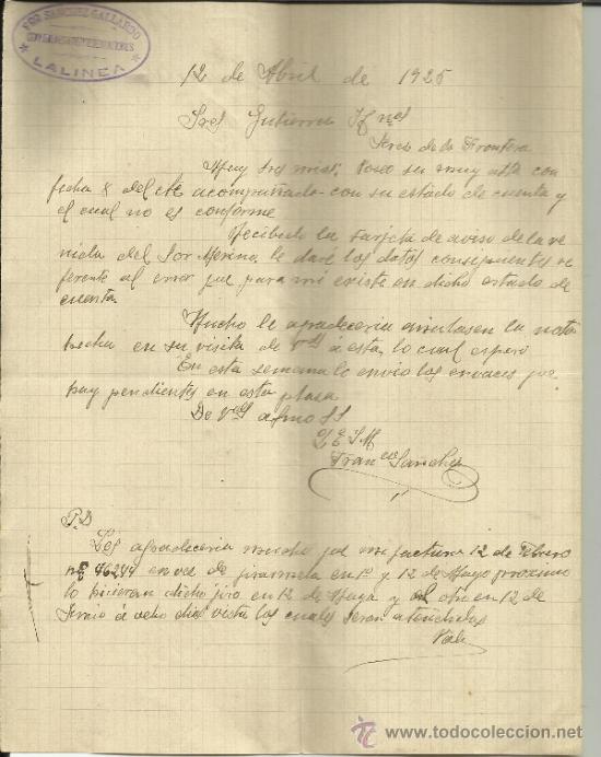 Gesch&auml;ftsbriefe: CARTA COMERCIAL DE FRANCISCO S&Aacute;NCHEZ GALLARDO. COMISIONES Y REPRESENTACIONES. LA LINEA. C&Aacute;DIZ. 1925