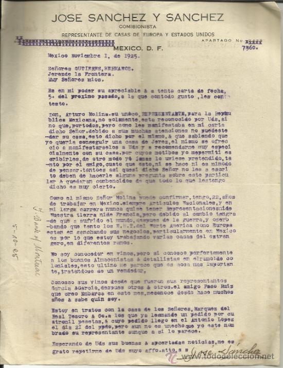 Gesch&auml;ftsbriefe: CARTA COMERCIAL DE JOS&Eacute; S&Aacute;NCHEZ Y S&Aacute;NCHEZ. COMISIONISTA. M&Eacute;XICO D.F. (M&Eacute;XICO). 1925