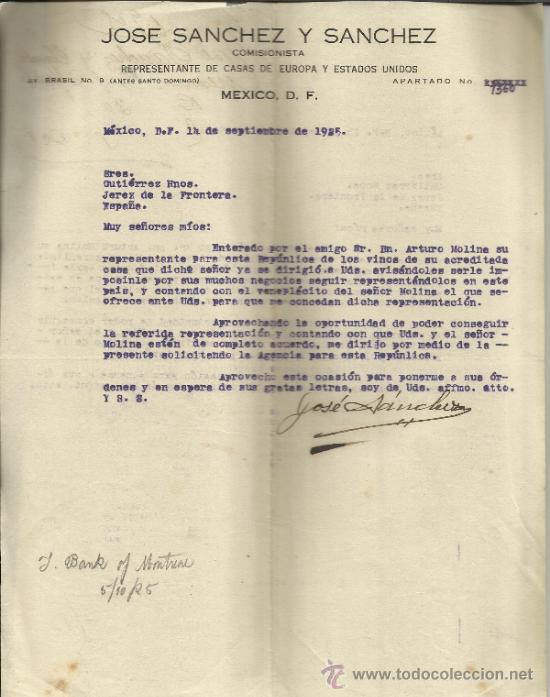 Gesch&auml;ftsbriefe: CARTA COMERCIAL DE JOS&Eacute; S&Aacute;NCHEZ Y S&Aacute;NCHEZ. COMISIONISTA. M&Eacute;XICO D.F. (M&Eacute;XICO). 1925