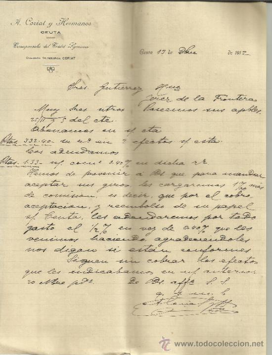 Gesch&auml;ftsbriefe: CARTA COMERCIAL DE ANTONIO CORIAT Y HERMANOS. CORRESPONSALES DEL CREDIT LYONNAIS. CEUTA. 1912
