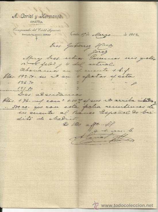 Gesch&auml;ftsbriefe: CARTA COMERCIAL DE ANTONIO CORIAT Y HERMANOS. CORRESPONSALES DEL CREDIT LYONNAIS. CEUTA. 1912