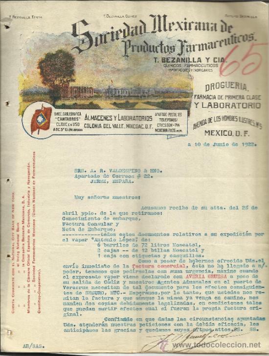 Gesch&auml;ftsbriefe: CARTA COMERCIAL DE T. BEZANILLA Y C&ordf;.SOCIEDAD M&Eacute;XICANA DE PRODUCTOS FARMACE&Uacute;TICOS.M&Eacute;XICO.M&Eacute;XICO.1922