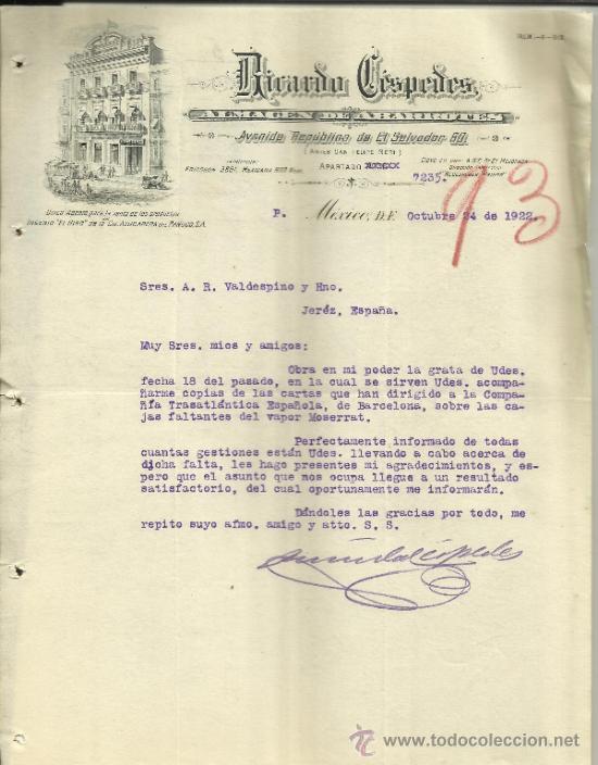 Gesch&auml;ftsbriefe: CARTA COMERCIAL DE RICARDO C&Eacute;SPEDES. ALMAC&Eacute;N DE ABARROTES. M&Eacute;XICO D.F. (M&Eacute;XICO). 1922