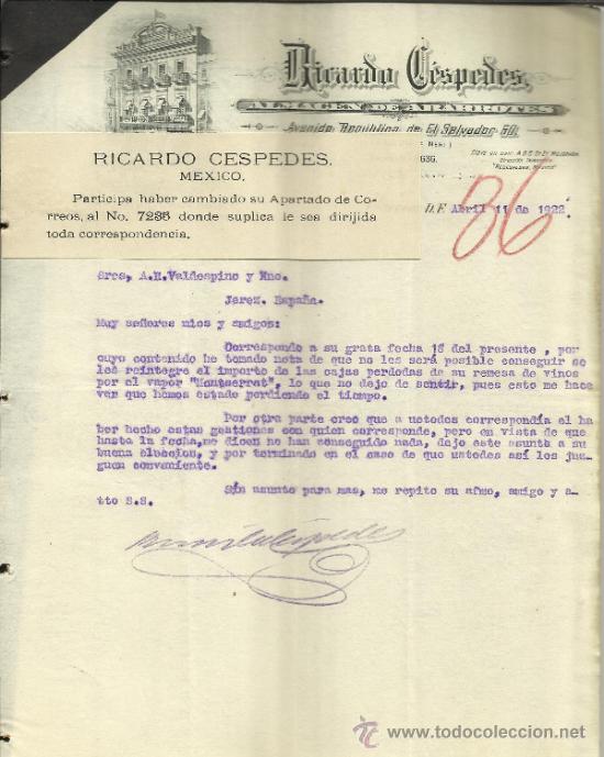 Gesch&auml;ftsbriefe: CARTA COMERCIAL DE RICARDO C&Eacute;SPEDES. ALMAC&Eacute;N DE ABARROTES. M&Eacute;XICO D.F. (M&Eacute;XICO). 1922