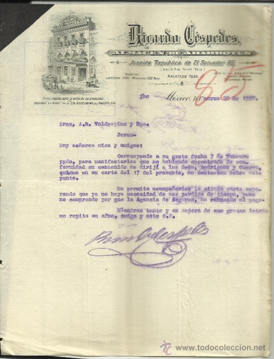 Cartas comerciais: CARTA COMERCIAL DE RICARDO C&Eacute;SPEDES. ALMAC&Eacute;N DE ABARROTES. M&Eacute;XICO D.F. (M&Eacute;XICO). 1922