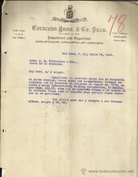 Commercial Letters: CARTA COMERCIAL DE CERECEDO HERMANOS & CO. SUCESORES. SAN JUAN. PUERTO RICO. 1922