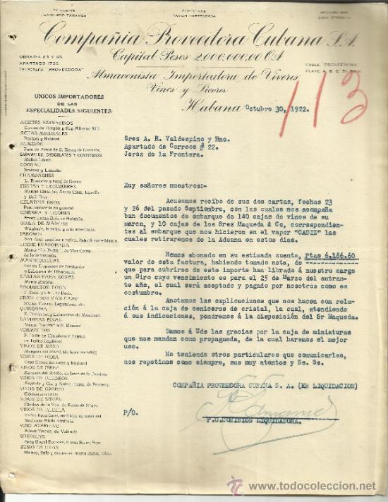 Cartas comerciais: CARTA COMERCIAL DE COMPA&Ntilde;&Iacute;A PROVEEDORA CUBANA S.L. HABANA. CUBA. 1922