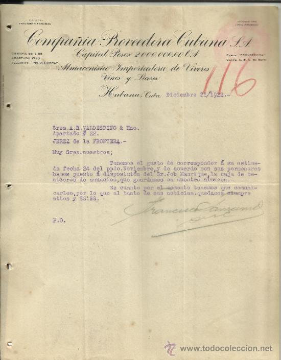 Cartas comerciais: CARTA COMERCIAL DE COMPA&Ntilde;&Iacute;A PROVEEDORA CUBANA S.L. HABANA. CUBA. 1922