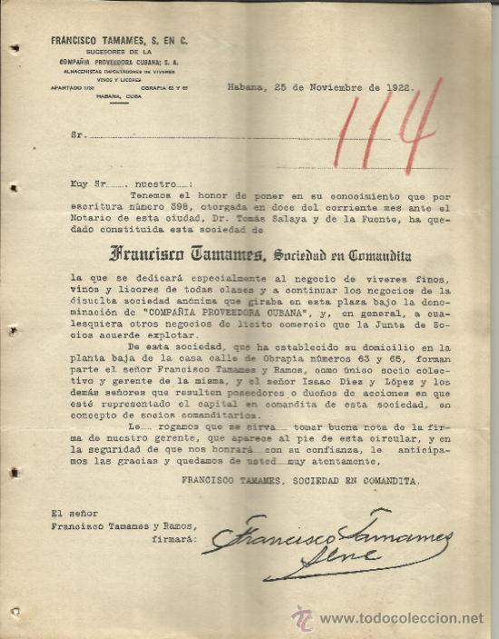 Cartas comerciais: CIRCULAR DE FRANCISCO TAMAMES, S. EN C. SUCESORES DE LA C&ordf; PROVEEDORA CUBANA. HABANA. CUBA. 1922