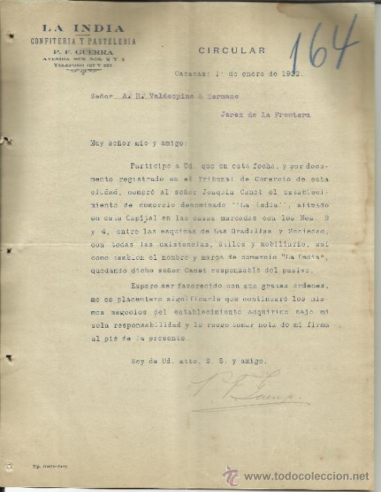 Cartas comerciais: CIRCULAR DE LA INDIA CONFITERIA Y PASTELER&Iacute;A. P.F. GUERRA. CARACAS. VENEZUELA. 1922