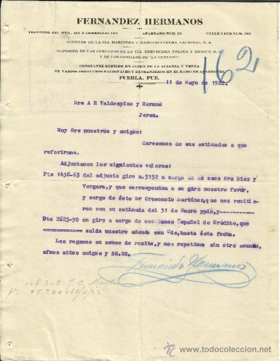 Cartas comerciais: CARTA COMERCIAL DE FERN&Aacute;NDEZ HERMANOS.  C&ordf; HARINERA Y MANUFACTURERA S.A. PUEBLA. M&Eacute;XICO. 1922