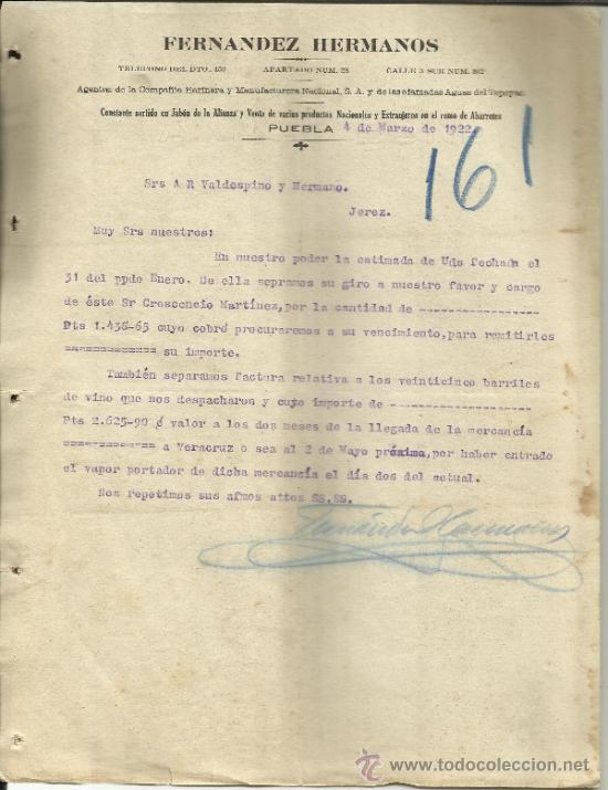 Cartas comerciais: CARTA COMERCIAL DE FERN&Aacute;NDEZ HERMANOS.  C&ordf; HARINERA Y MANUFACTURERA S.A. PUEBLA. M&Eacute;XICO. 1922