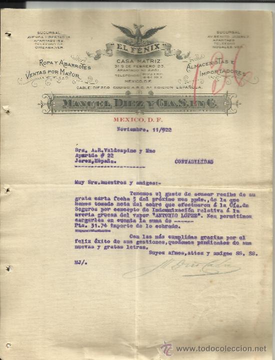 Cartas comerciais: CARTA COMERCIAL DE MANUEL D&Iacute;EZ Y CIA. S. EN C. EL F&Eacute;NIX. M&Eacute;XICO D.F. (M&Eacute;XICO). 1922