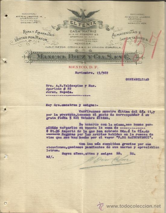 Cartas comerciais: CARTA COMERCIAL DE MANUEL D&Iacute;EZ Y CIA. S. EN C. EL F&Eacute;NIX. M&Eacute;XICO D.F. (M&Eacute;XICO). 1922
