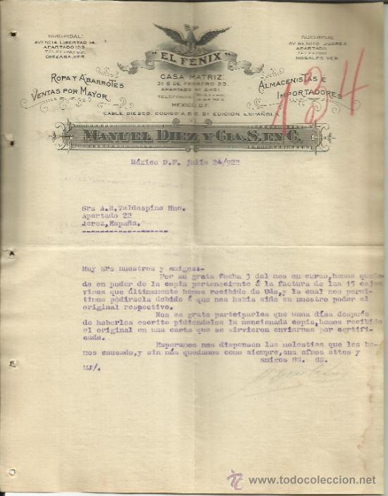 Cartas comerciais: CARTA COMERCIAL DE MANUEL D&Iacute;EZ Y CIA. S. EN C. EL F&Eacute;NIX. M&Eacute;XICO D.F. (M&Eacute;XICO). 1922
