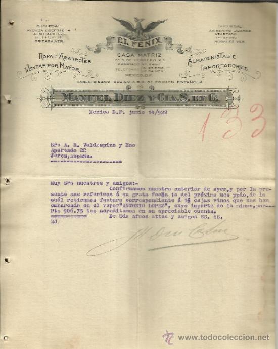 Cartas comerciais: CARTA COMERCIAL DE MANUEL D&Iacute;EZ Y CIA. S. EN C. EL F&Eacute;NIX. M&Eacute;XICO D.F. (M&Eacute;XICO). 1922