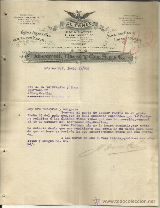 Cartas comerciais: CARTA COMERCIAL DE MANUEL D&Iacute;EZ Y CIA. S. EN C. EL F&Eacute;NIX. M&Eacute;XICO D.F. (M&Eacute;XICO). 1922
