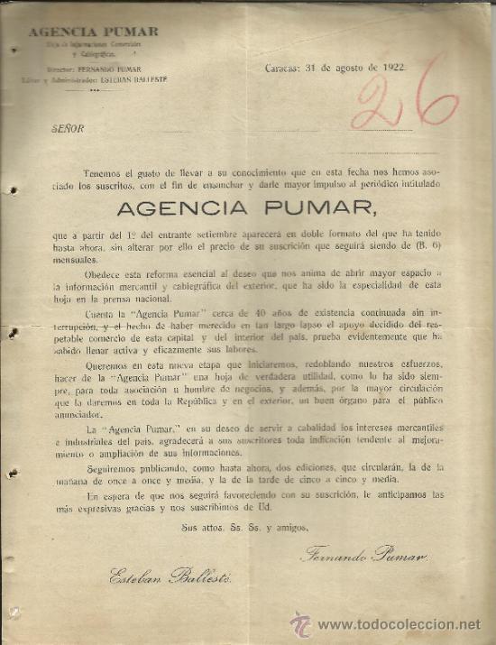Cartas comerciais: CIRCULAR DE AGENCIA PUMAR. ESTEBAN BALLEST&Eacute;. FERNANDO PUMAR. CARACAS. VENEZUELA. 1922