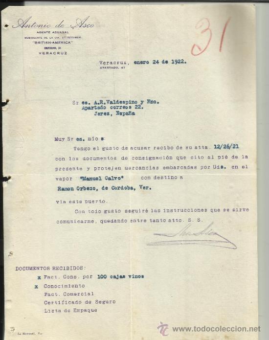 Cartas comerciais: CARTA COMERCIAL DE ANTONIO DE ASCO. AGENTE DE LA C&ordf; BRITISH-AMERICA. VERACRUZ. M&Eacute;XICO. 1922