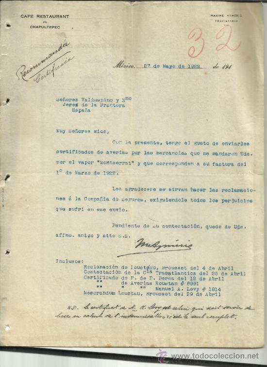 Cartas comerciais: CARTA COMERCIAL DE CAFE RESTAURANT DE CHAPULTEPEC. MAXINE AYMERIC. M&Eacute;XICO. (M&Eacute;XICO). 1922