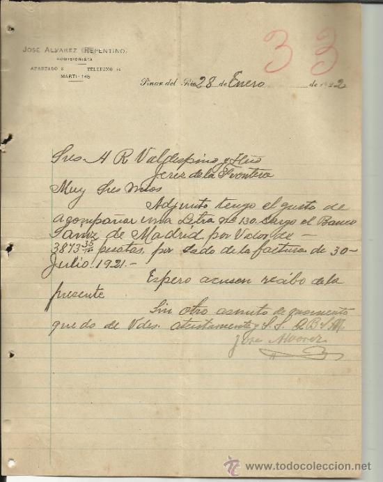 Cartas comerciais: CARTA COMERCIAL DE JOS&Eacute; &Aacute;LVAREZ (REPENTINO). PINAR DEL R&Iacute;O. CUBA. 1922