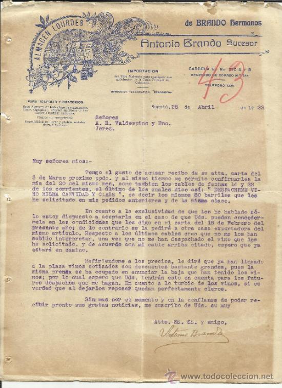 Gesch&auml;ftsbriefe: CARTA COMERCIAL DE BRANDO HERMANOS. ALMAC&Eacute;N LOURDES. BOGOT&Aacute;. COLOMBIA. 1922