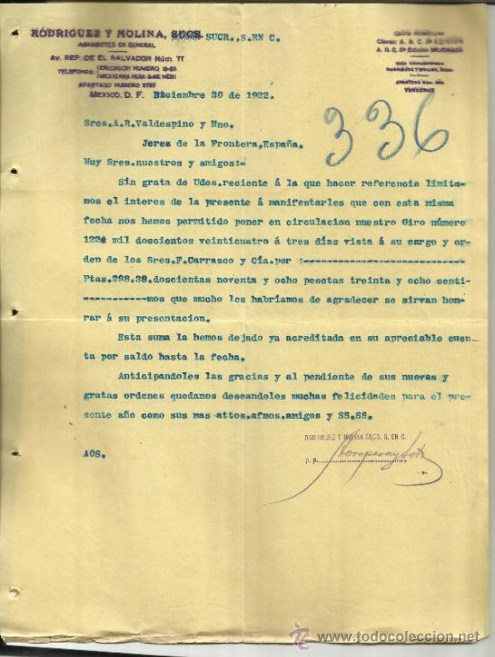 Cartas comerciais: CARTA COMERCIAL RODR&Iacute;GUEZ Y MOLINA. ABARROTES EN GENERAL. M&Eacute;XICO D.F.(M&Eacute;XICO). 1922