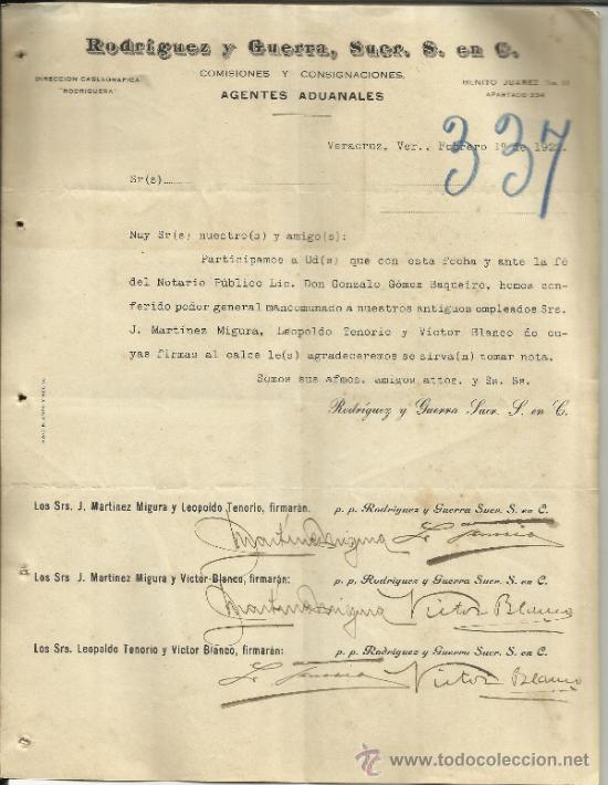 Cartas comerciais: CIRCULAR DE RODR&Iacute;GUEZ Y GUERRA. AGENTES ADUANALES. VERACRUZ. M&Eacute;XICO. 1922