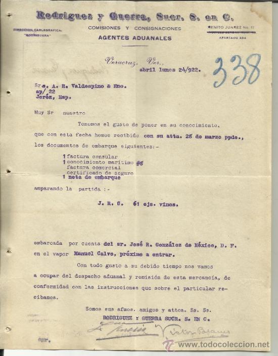 Cartas comerciais: CIRCULAR DE RODR&Iacute;GUEZ Y GUERRA. AGENTES ADUANALES. VERACRUZ. M&Eacute;XICO. 1922