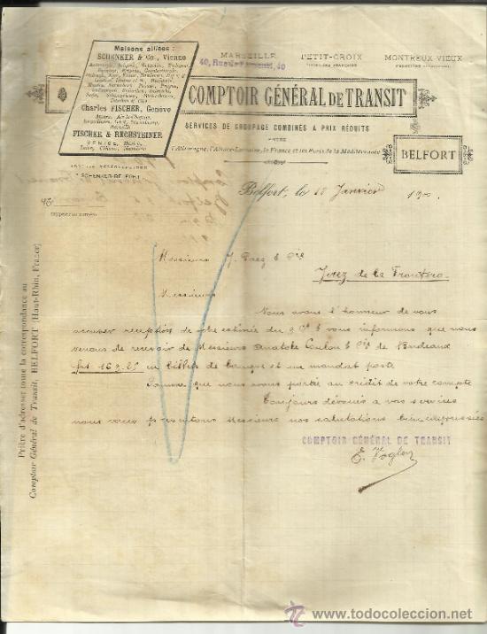 Cartas comerciais: CARTA COMERCIAL DE LA COMPA&Ntilde;IA GENERAL DE TR&Aacute;NSITO. SCHENKER & CO. VIENEE. BELFORT. FRANCIA. 1900