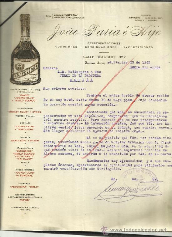 Cartas comerciais: JOAO FARIA &Eacute; HIJO. REPRESENTACIONES. BUENOS AIRES. ARGENTINA. 1943