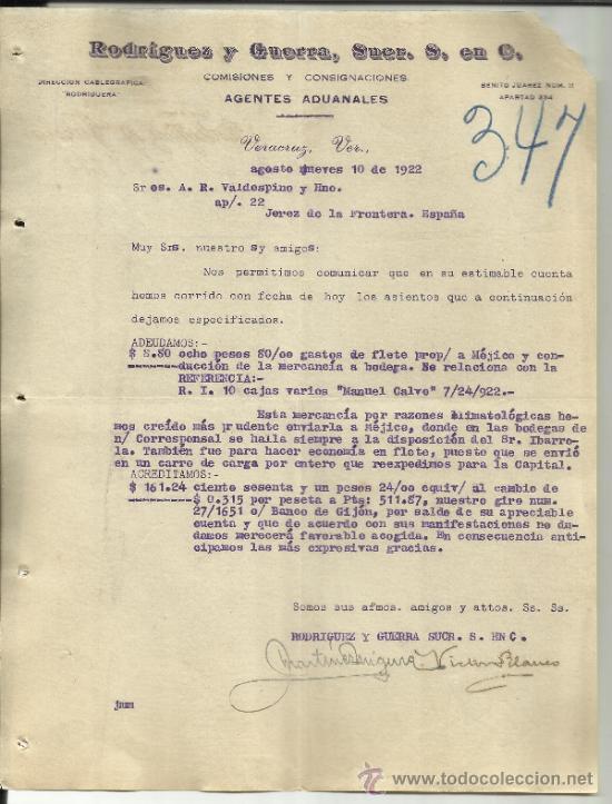 Cartas comerciais: CARTA COMERCIAL DE RODR&Iacute;GUEZ Y GUERRA, SUCESORES S. EN C. AGENTES ADUANALES. VERACRUZ. M&Eacute;XICO. 1922