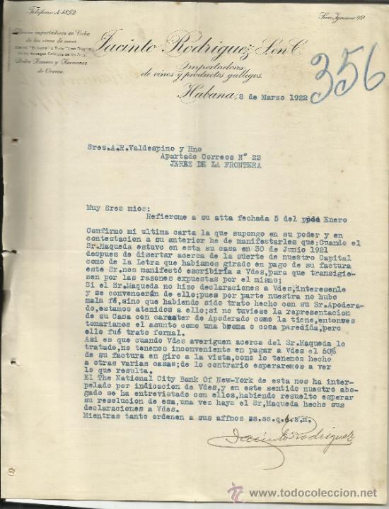 Cartas comerciais: CARTA COMERCIAL JACINTO RODR&Iacute;GUEZ S. EN C. IMPORTADORES. HABANA. CUBA. 1922