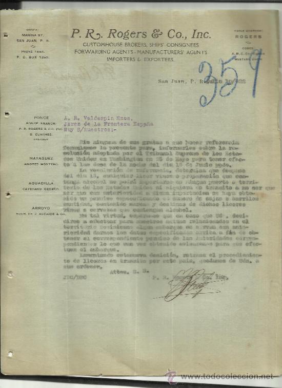 Commercial Letters: CARTA COMERCIAL DE P.R. ROGERS & CO. SAN JUAN. PUERTO RICO. 1922