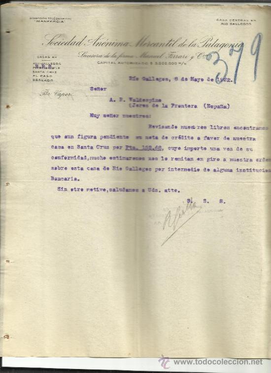 Cartas comerciais: CARTA COMERCIAL DE LA SOCIEDAD AN&Oacute;NIMA MERCANTIL DE LA PATAGONIA. R&Iacute;O GALLEGOS. ARGENTINA. 1922