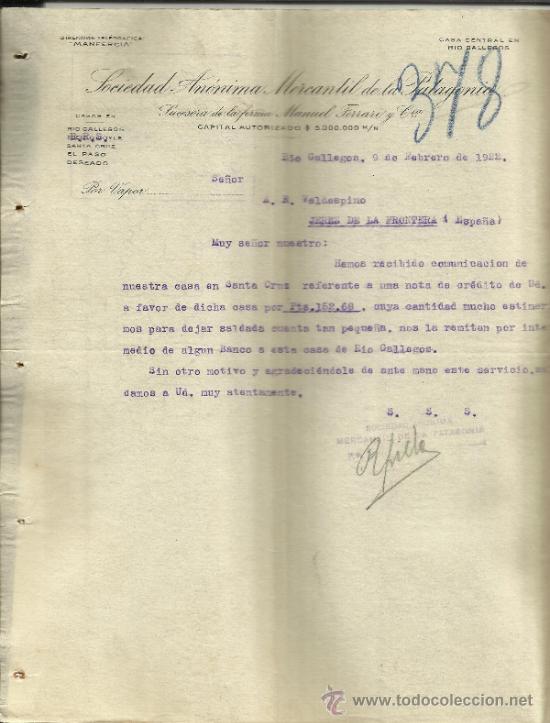 Cartas comerciais: CARTA COMERCIAL DE LA SOCIEDAD AN&Oacute;NIMA MERCANTIL DE LA PATAGONIA. R&Iacute;O GALLEGOS. ARGENTINA. 1922