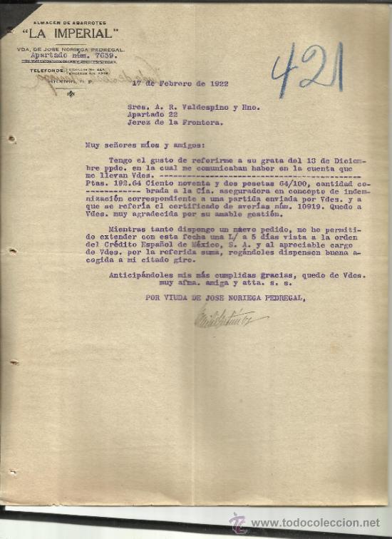 Cartas comerciais: CARTA COMERCIAL DE LA IMPERIAL. ALMAC&Eacute;N DE ABARROTES. VIUDA DE JOS&Eacute; NORIEGA . MEXICO (M&Eacute;XICO). 1922