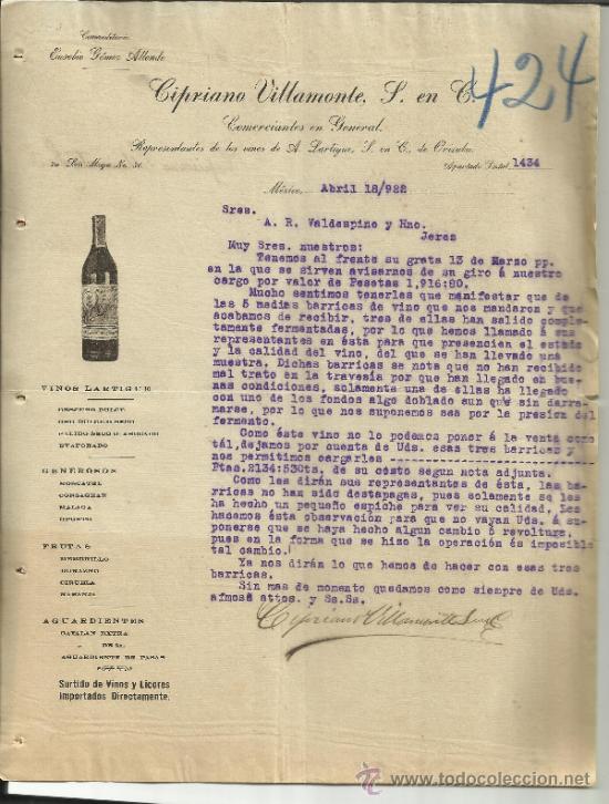 Cartas comerciais: CARTA COMERCIAL DE CIPRIANO VILLAMONTE S. EN C. COMANDITARIO EUSEBIO G&Oacute;MEZ. M&Eacute;XICO (M&Eacute;XICO). 1922