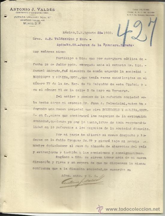 Cartas comerciais: CARTA COMERCIAL DE ANTONIO J. VALD&Eacute;S. COMISIONISTAS Y CONSIGNATARIOS. M&Eacute;XICO (M&Eacute;XICO). 1922