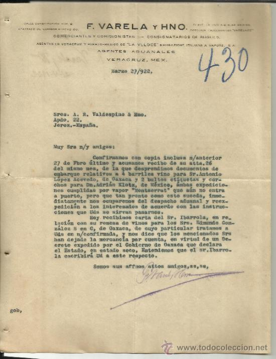 Cartas comerciais: CARTA COMERCIAL DE F. VARELA Y HNO. AGENTES ADUANALES. VERACRUZ. M&Eacute;XICO. 1922