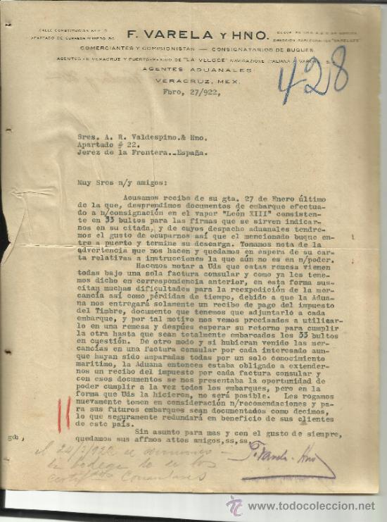 Cartas comerciais: CARTA COMERCIAL DE F. VARELA Y HNO. AGENTES ADUANALES. VERACRUZ. M&Eacute;XICO. 1922