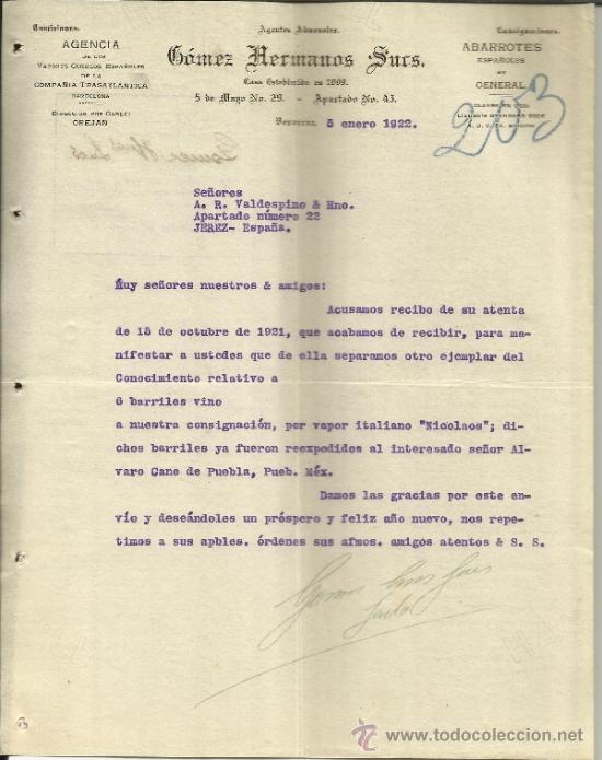 Cartas comerciais: CARTA COMERCIAL DE G&Oacute;MEZ HERMANOS SUCS. AGENTES ADUANALES. VERACRUZ. M&Eacute;XICO. 1922